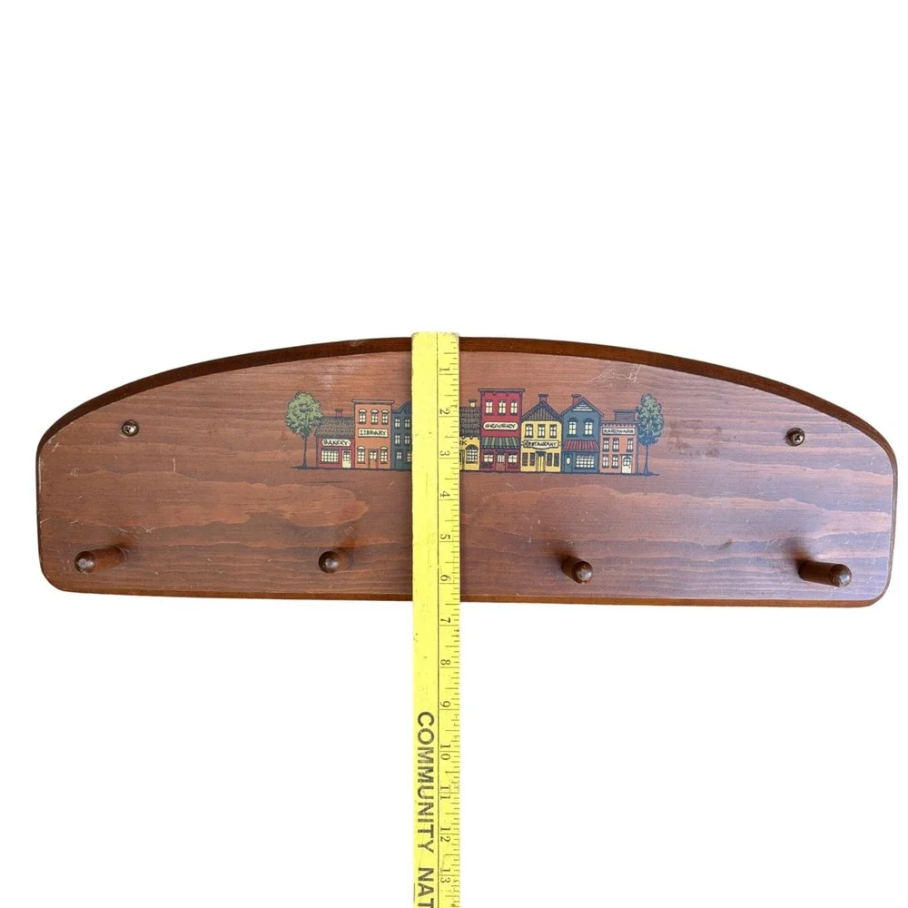 VTG Wood Coat Rack Village Scene Wall Mount Arched Cottage Americana Folk Art